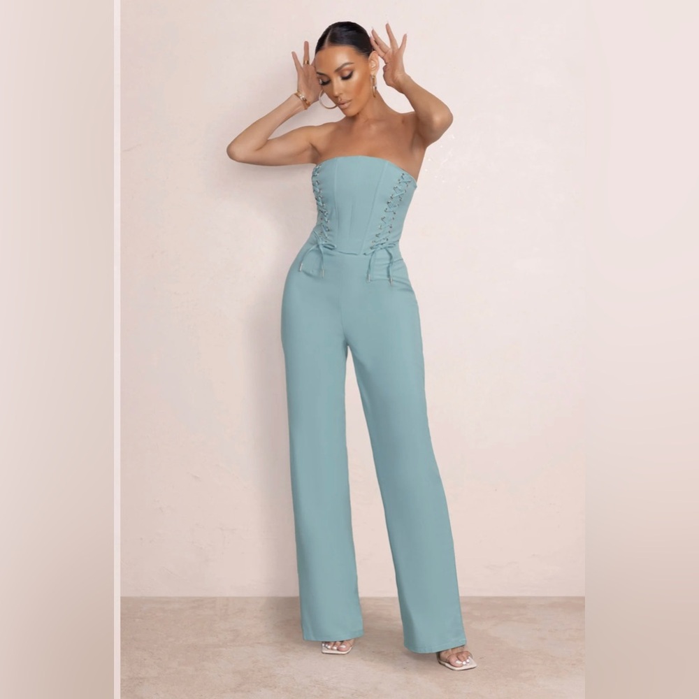 New (with tags) Club L London Duck Egg Blue Bandeau Jumpsuit With Lace Up Detail